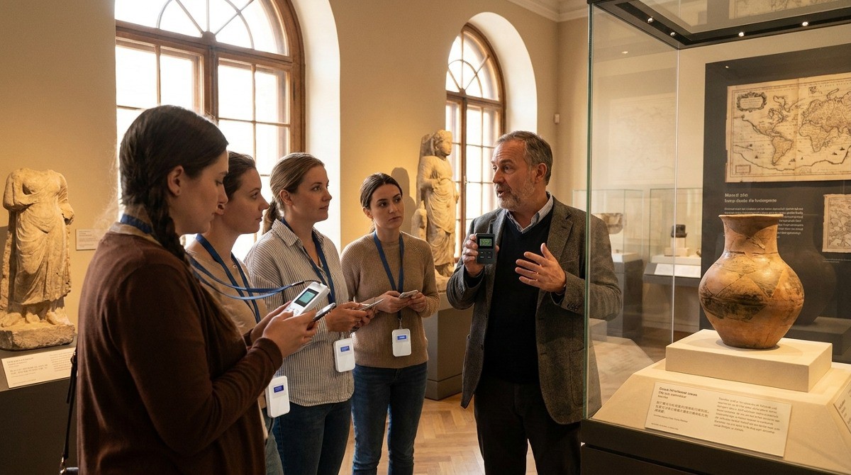 tour guide holds M7C smart audio guide and the tourists use M7C visiting the museum tour guide holds M7C smart audio guide and the tourists use M7C visiting the museum