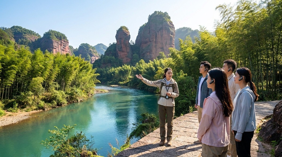 Outdoor tour guide using L8 UHF tour guide system at Longhu Mountain scenic area Outdoor tour guide using L8 UHF tour guide system at Longhu Mountain scenic area