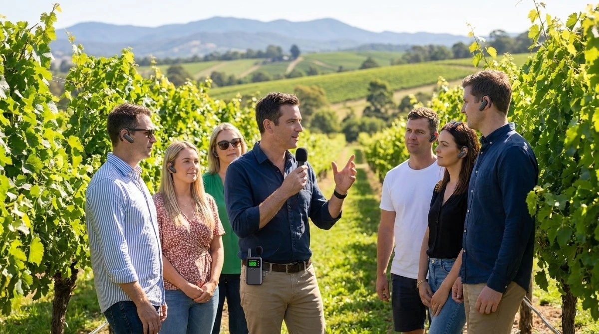Wine tour guide using wireless audio system in Yarra Valley vineyard Wine tour guide using wireless audio system in Yarra Valley vineyard
