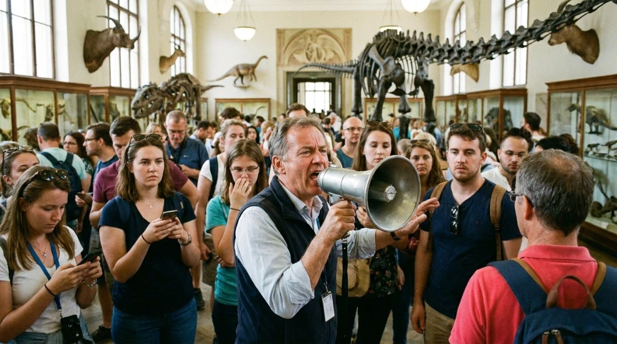 Tour guide struggling with traditional megaphone in noisy museum environment Tour guide struggling with traditional megaphone in noisy museum environment