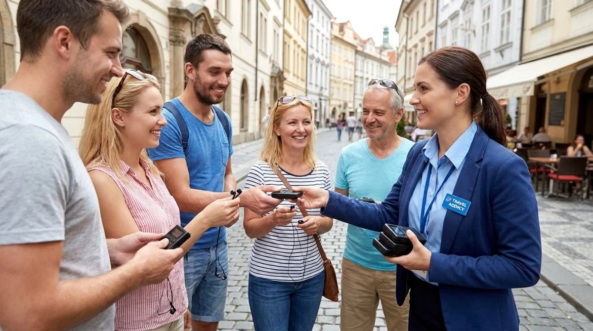 Travel agency staff distributing lightweight 008A tour guide system to group Travel agency staff distributing lightweight 008A tour guide system to group