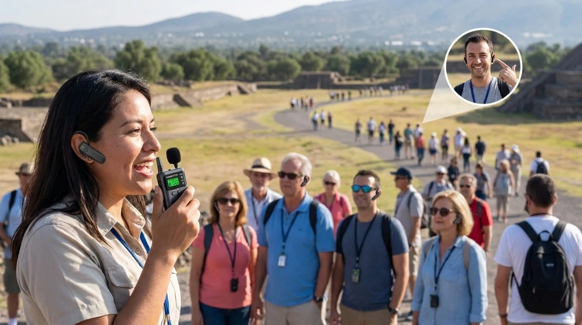 Large tour group using L8 tour guide system for extended range signal stability Large tour group using L8 tour guide system for extended range signal stability