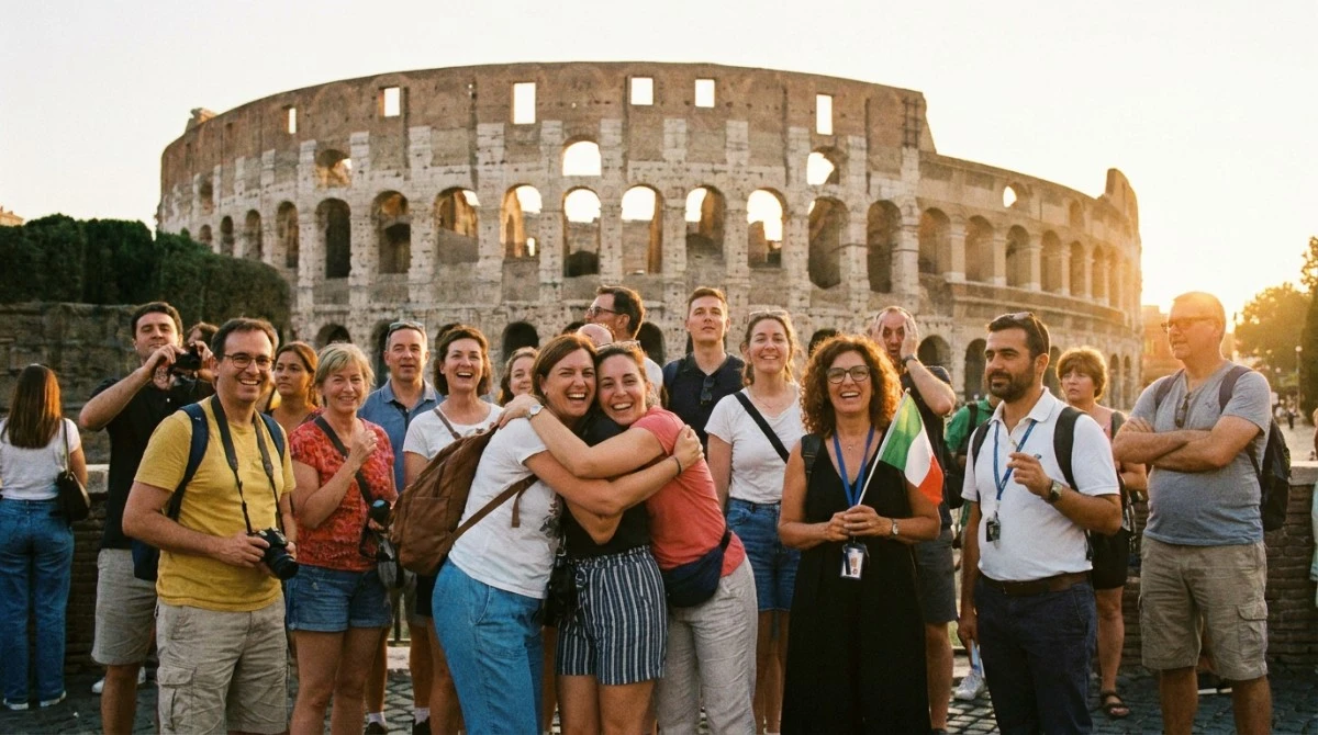 Satisfied tour group and travel agency staff after successful guided tour Satisfied tour group and travel agency staff after successful guided tour