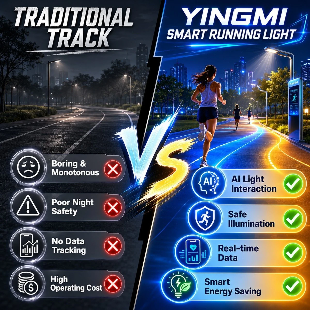 Yingmi Smart Running Light System vs Traditional Track Pain Points Solution Comparison Chart Yingmi Smart Running Light System vs Traditional Track Pain Points Solution Comparison Chart