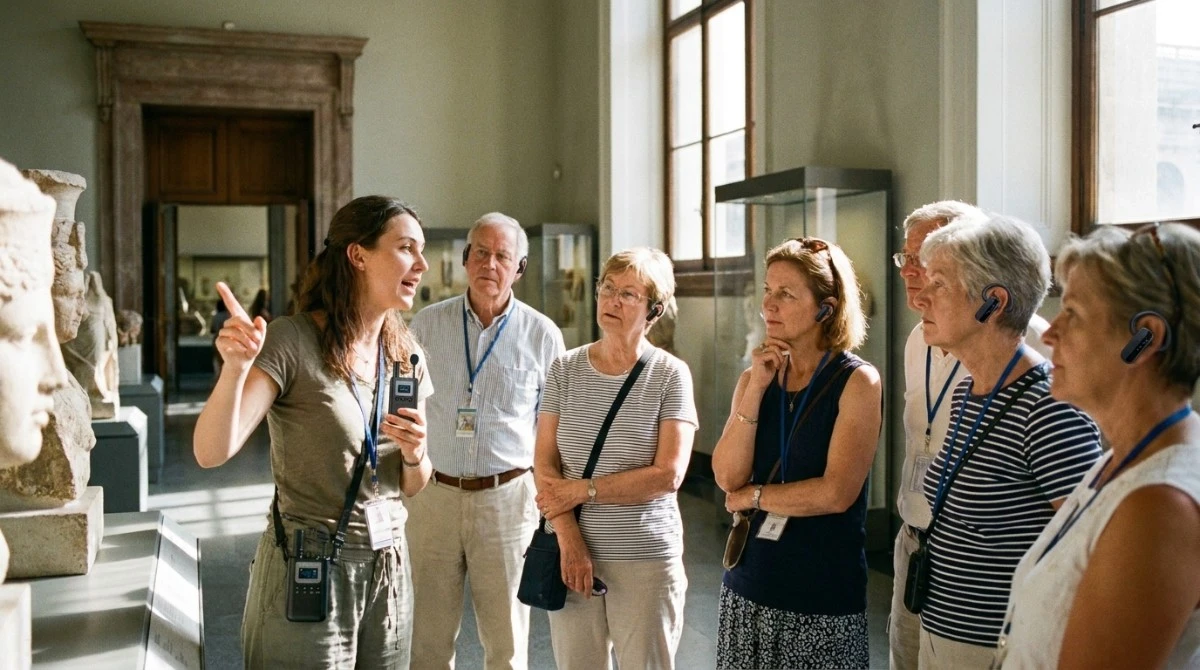 Tour guide using B7-1 transmitter while visitors listen through wireless receivers Tour guide using B7-1 transmitter while visitors listen through wireless receivers